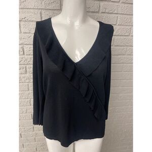 Sydney Easton Women Black Ruffle Long Sleeve Knit Sweater Size L